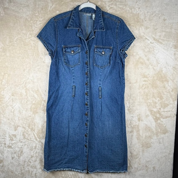 Faded Glory Dresses & Skirts - Vintage 90s Faded‎ Glory Womens 16 Denim Button Down Dress Med Dk Wash Raw Hem